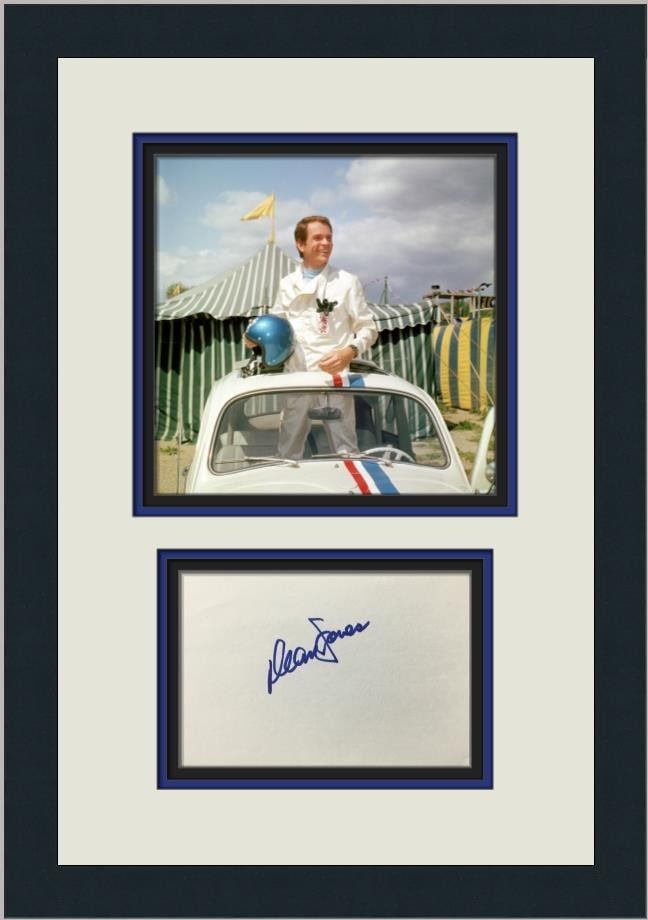 Custom Framed Dean Jones Herbie the Love Bug Cut Signature Display: Custom Framed Dean Jones Herbie the Love Bug Cut Signature Display Custom framed display featuring a signed cut signature from Dean Jones, best known for Disney's Herbie the Love Bug films. The piece 