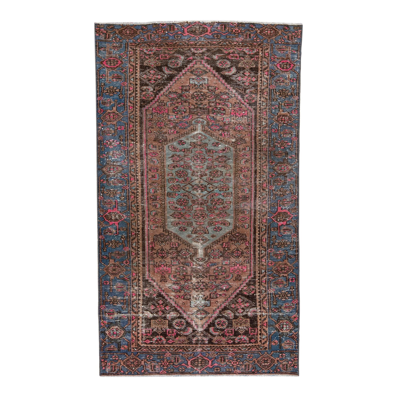 Vintage 1960s Persian Hand-Knotted Pink Wool Tribal Rug 3'7 x 6'5: Vintage 1960s Persian Hand-Knotted Pink Wool Tribal Rug 3'7 x 6'5 This exquisite vintage Persian rug showcases a beautiful distressed hand-knotted design, featuring a vibrant pink color field compleme