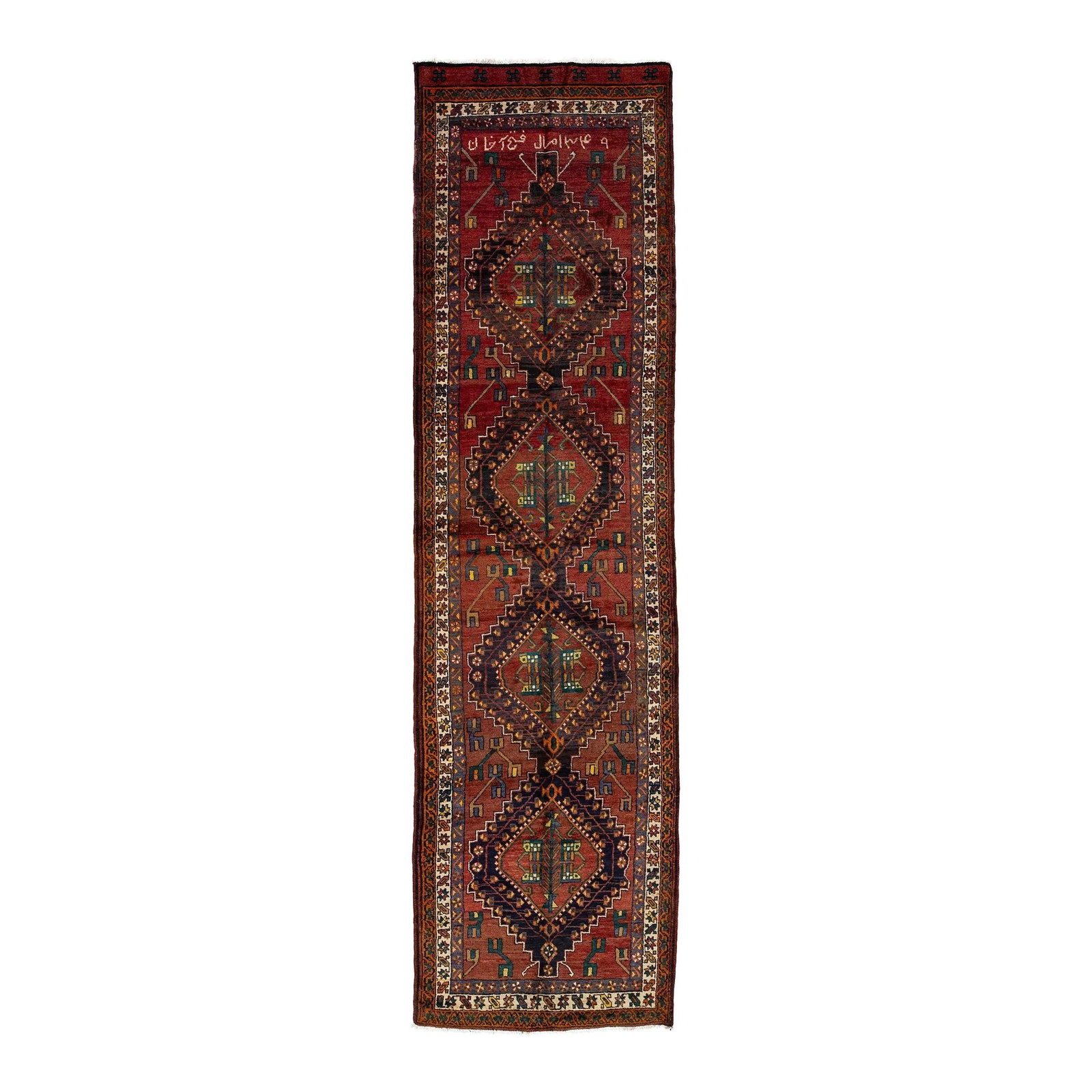 Vintage Persian Shiraz Wool Runner Red Tribal Motif 3'8 x 13'8: Vintage Persian Shiraz Wool Runner Red Tribal Motif 3'8 x 13'8 Enhance your space with this exquisite vintage Persian Shiraz hand-knotted wool runner. Featuring a rich red color field adorned with mul