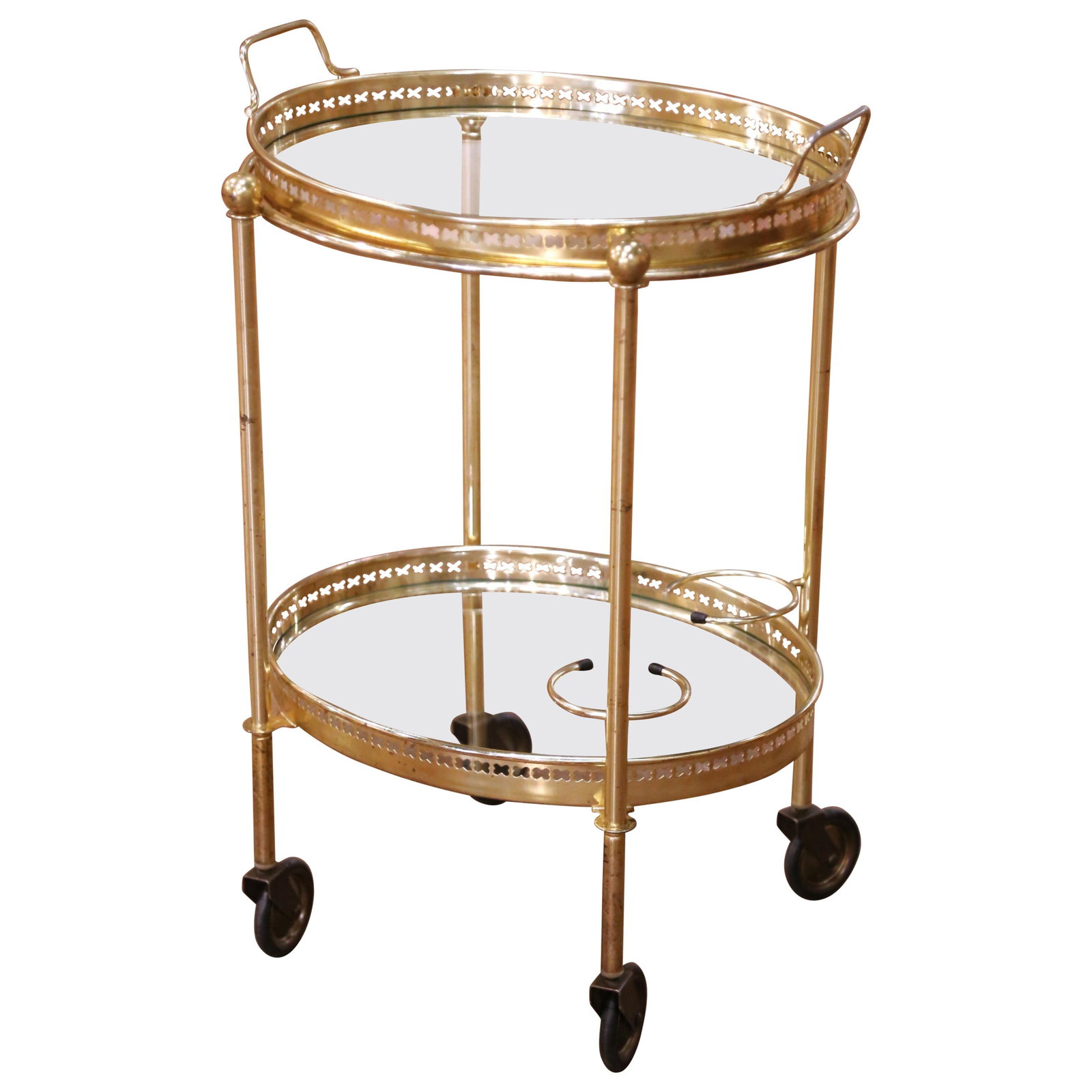 French Two-Tier Brass and Glass Drinks Trolley with Removable Tray Circa 1960: French Two-Tier Brass and Glass Drinks Trolley with Removable Tray Circa 1960 This mid-century French bar cart is crafted from polished brass and features two circular clear glass tiers. The elegant d