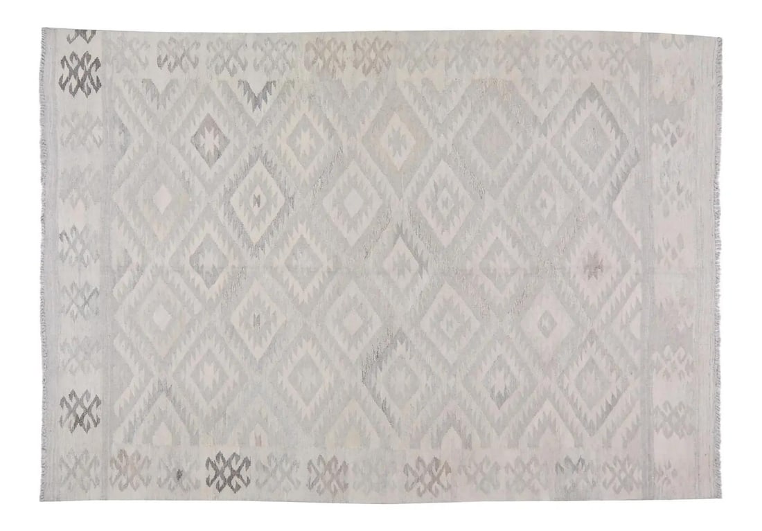 Vintage Maimana Kilim Rug Organic Wool Tribal Afghan 5'3" x 7'7": Vintage Maimana Kilim Rug Organic Wool Tribal Afghan 5'3" x 7'7" This vintage Afghan Maimana tribal kilim is hand woven using organic wool and features natural colors in a geometric pattern. The rug h
