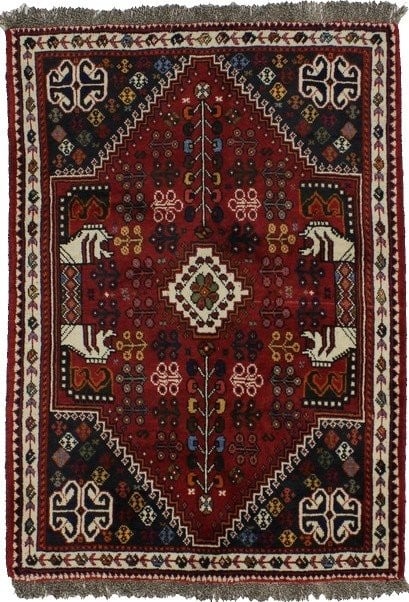 3'6 x 5'3 Wool Area Rug Tribal Motif Hand-Knotted Western Asia: 3'6 x 5'3 Wool Area Rug Tribal Motif Hand-Knotted Western Asia This hand-knotted vintage wool oriental rug features a striking tribal geometric design in a rich palette of red, ivory, dark purple-navy