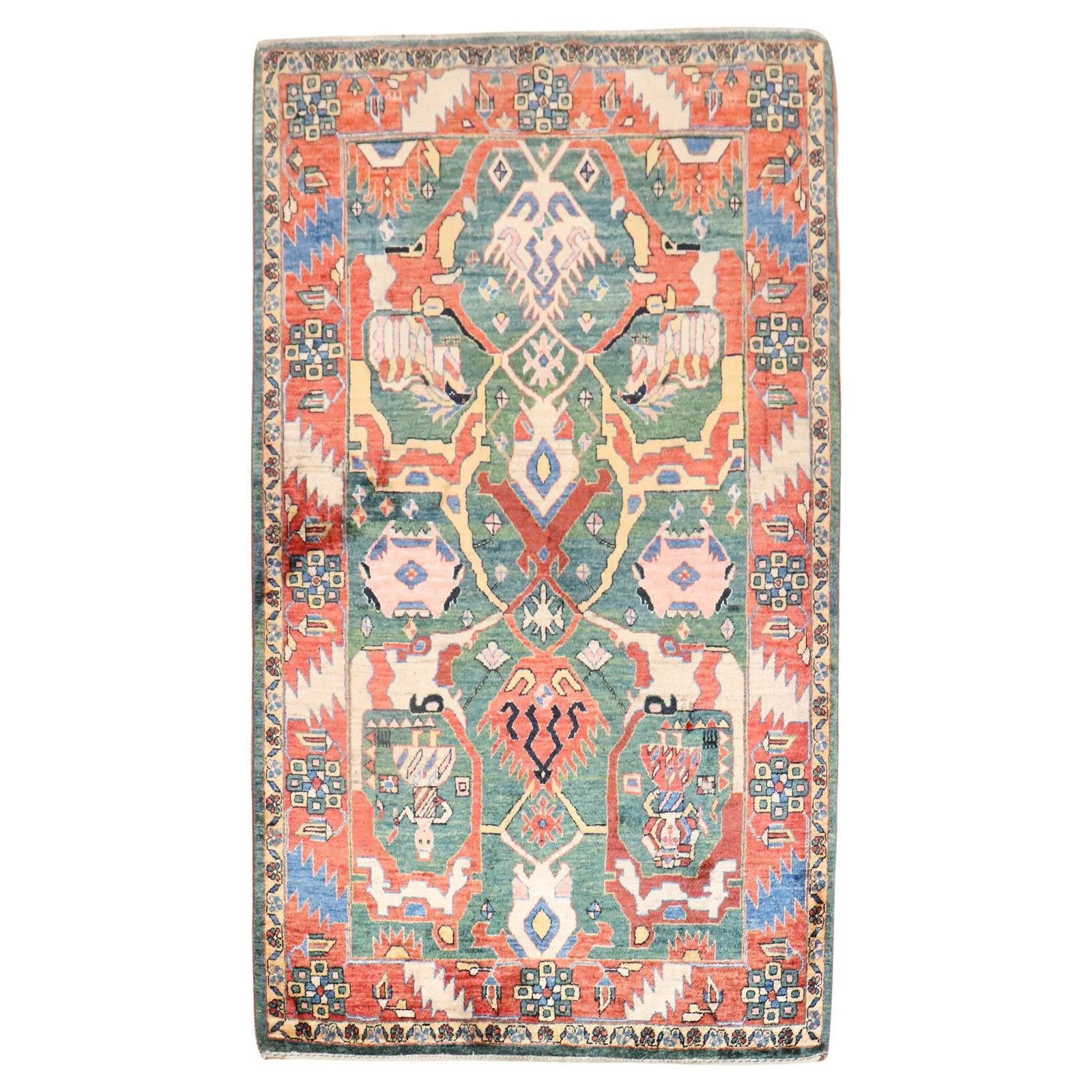 21st Century Green Gabbeh Rug Wool Agra Style 3'11 x 6'5: 21st Century Green Gabbeh Rug Wool Agra Style 3'11 x 6'5 This stunning early 21st century Persian Gabbeh rug features a large-scale all-over design set against a vibrant green field. Made entirely of 