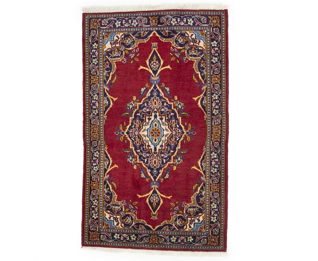 Small vintage wool Oriental rug 2'8 x 4'5 hand-knotted floral design: Small vintage wool Oriental rug 2'8 x 4'5 hand-knotted floral design This one-of-a-kind hand-knotted Oriental rug features a vibrant vintage floral pattern in shades of red, purple-navy, cream, yellow