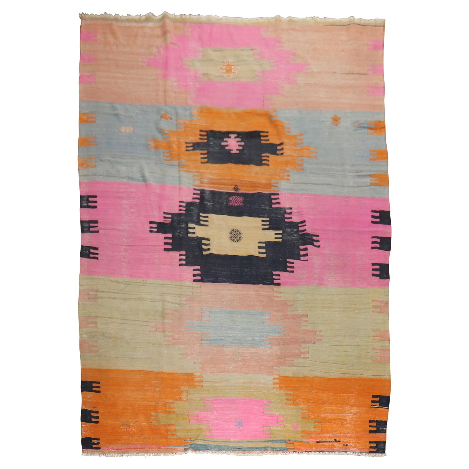 Mid 20th Century Turkish Wool Hand Woven Kilim Rug: Mid 20th Century Turkish Wool Hand Woven Kilim Rug This mid-20th century Turkish Kilim features a vibrant design in bright pink and orange tones. Hand-woven from wool, it showcases an archaistic style