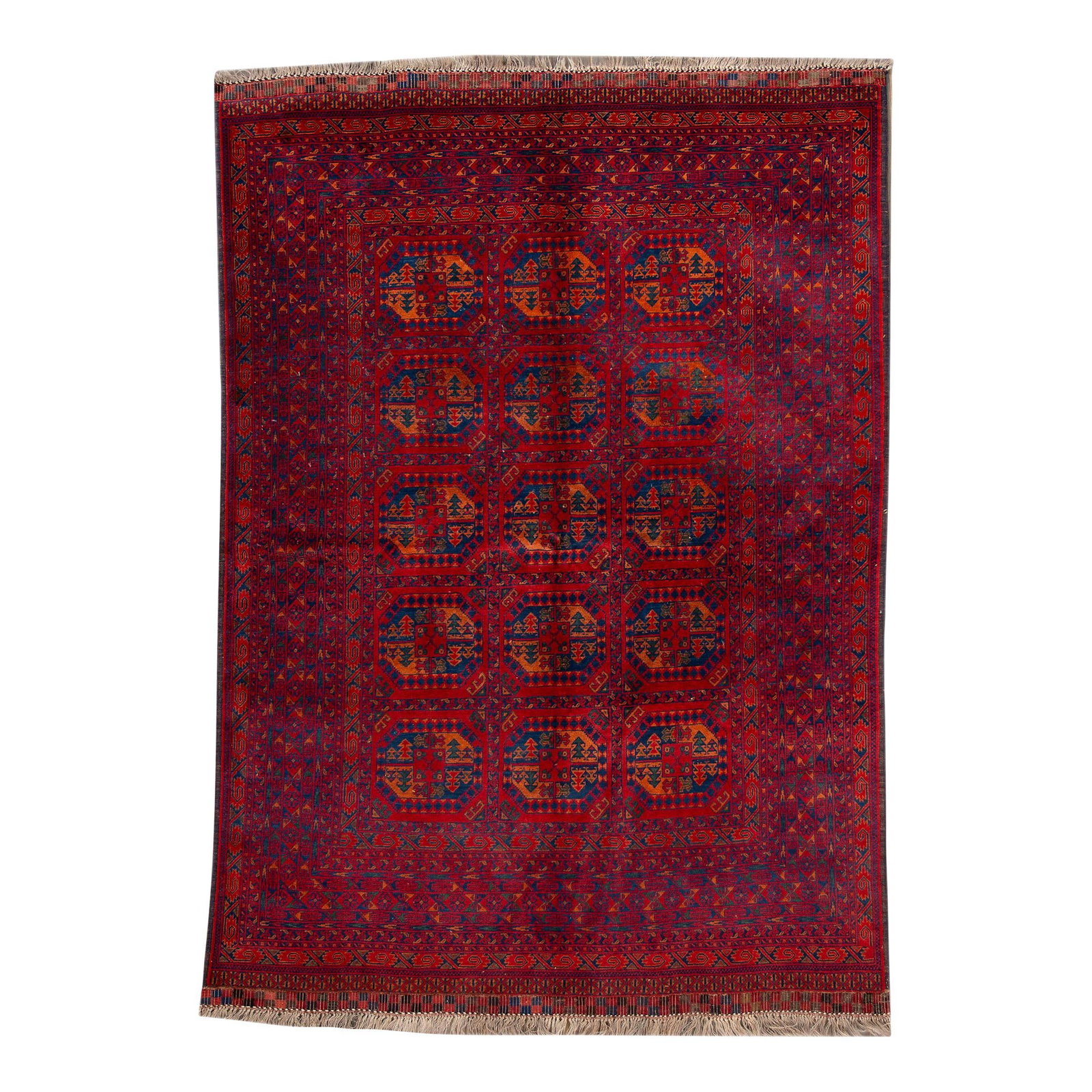 Vintage Turkman Hand-Knotted Wool Rug Ruby Red Tribal Design 6'8 x 9'4: Vintage Turkman Hand-Knotted Wool Rug Ruby Red Tribal Design 6'8 x 9'4 This stunning vintage Turkman handmade rug features a vibrant ruby red field adorned with intricate geometric tribal patterns in 