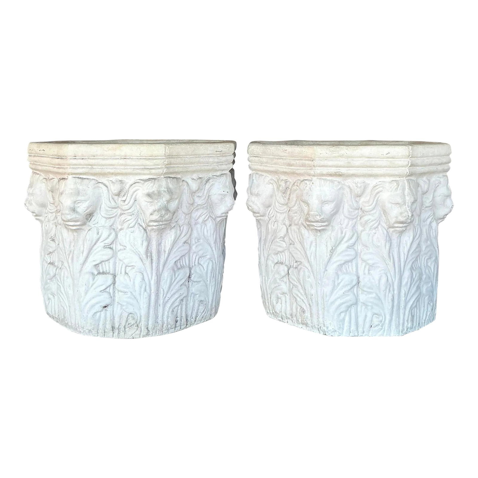 Vintage Regency Lions Head Planters Set of 2 Concrete 17.25": Vintage Regency Lions Head Planters Set of 2 Concrete 17.25" Add a touch of classical beauty to your garden or indoor space with this set of two vintage Regency cast concrete lions head planters. Embo