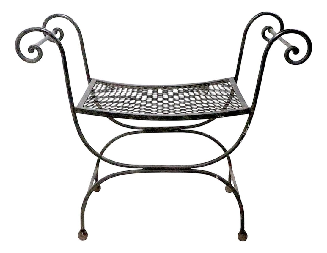 Hollywood Regency Wrought Iron Window Bench with Brass Ball Feet (1 of 10)