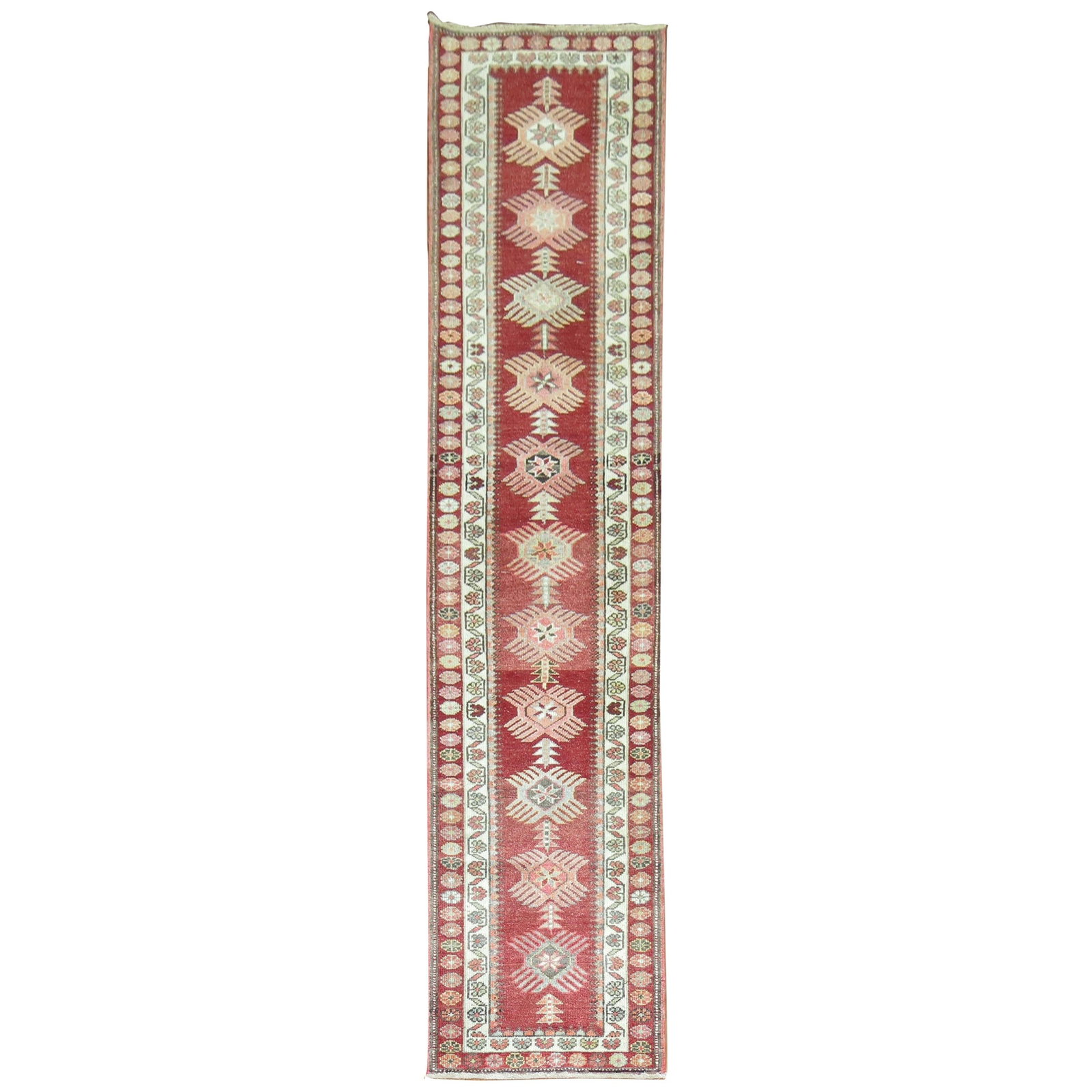 Zabihi Collection Red Turkish Anatolian Runner Hand-Woven Wool 2'11" x 13'9": Zabihi Collection Red Turkish Anatolian Runner Hand-Woven Wool 2'11" x 13'9" This exquisite vintage Turkish Anatolian runner features a captivating deep red tone, perfect for adding a bohemian touch t