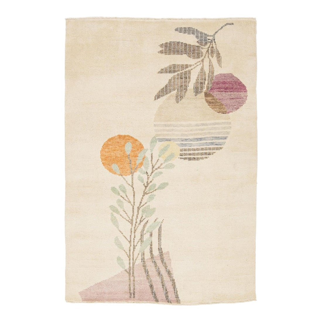 Art Deco Botanical Wool Area Rug 4x6: Art Deco Botanical Wool Area Rug 4x6 This hand-knotted wool area rug blends Mid-Century Modern minimalism with Art Deco influences, featuring a sophisticated botanical motif with stylized leaves and a