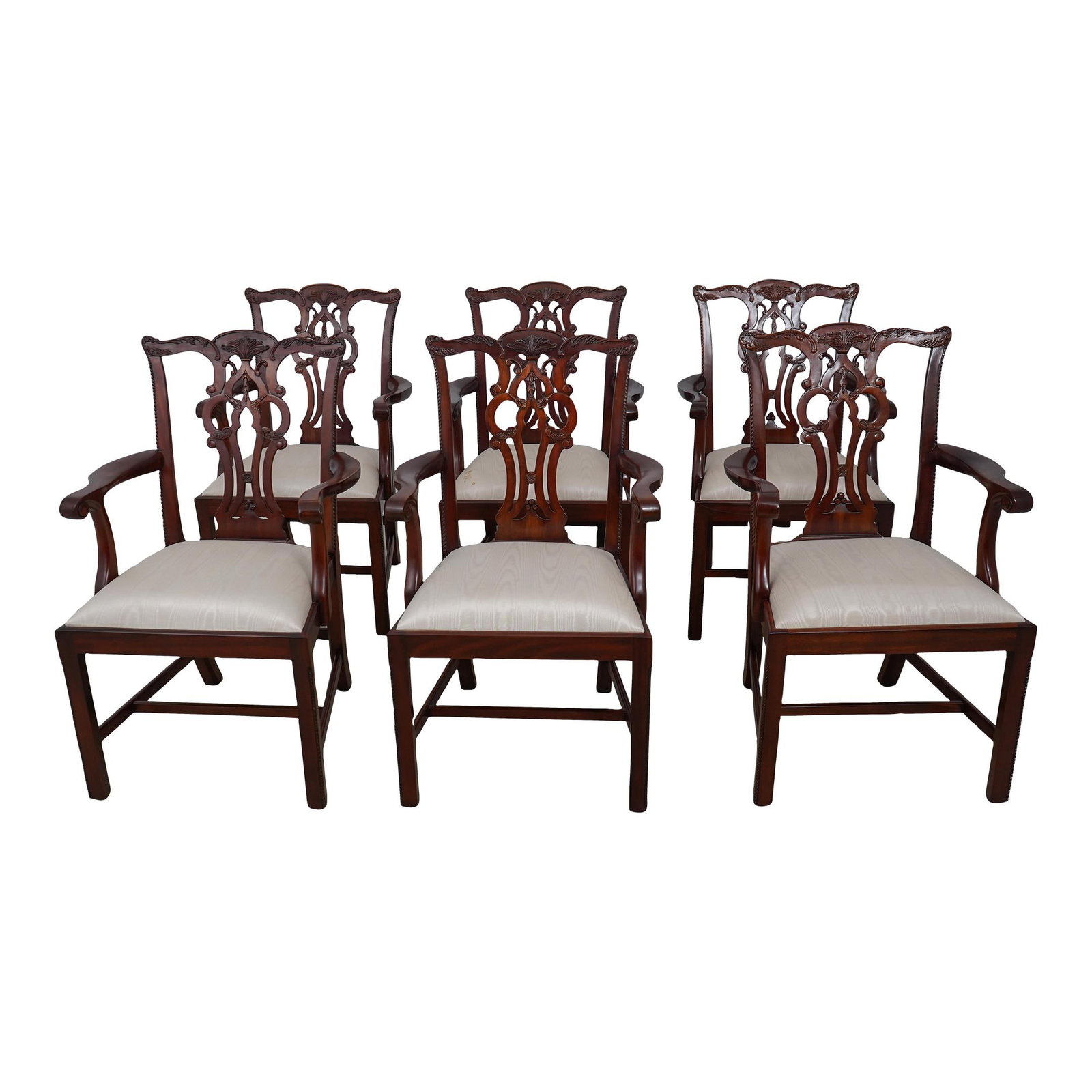 Set of 6 Maitland Smith Chippendale Mahogany Dining Armchairs: Set of 6 Maitland Smith Chippendale Mahogany Dining Armchairs This exquisite set of 6 Maitland Smith carved mahogany dining armchairs showcases traditional Chippendale styling with a classic 18th-cent