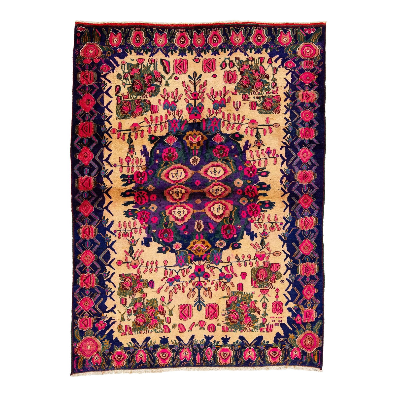 Vintage Bidjar Persian Wool Rug with Purple Pink Rosette Design 5' x 6'11: Vintage Bidjar Persian Wool Rug with Purple Pink Rosette Design 5' x 6'11 This exquisite vintage Bidjar hand-knotted wool rug features a striking blue and tan field adorned with a captivating rosette 