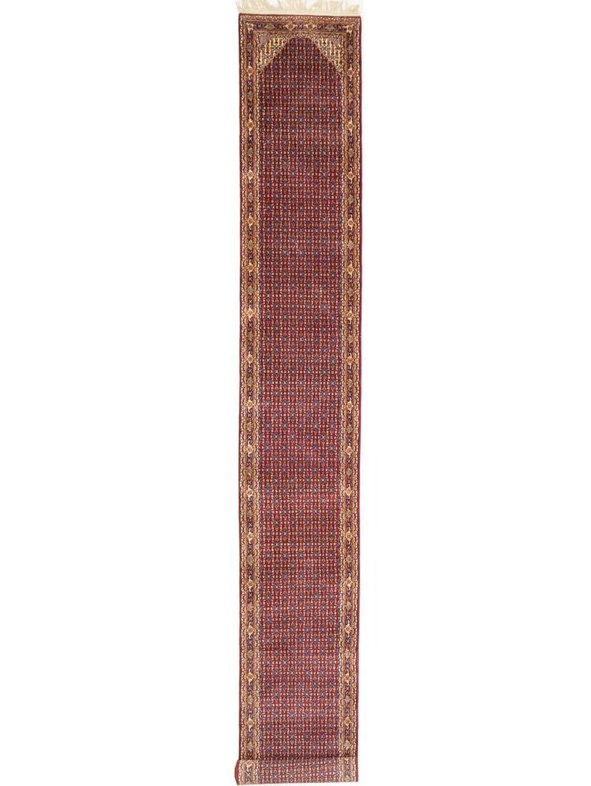 Hand Knotted Wool Floral Runner Rug 2'9 x 21'9 Indo Botemir: Hand Knotted Wool Floral Runner Rug 2'9 x 21'9 Indo Botemir This hand-knotted Indo-Botemir runner rug features a striking floral pattern in red, cream, purple-navy, yellow, and additional accent color
