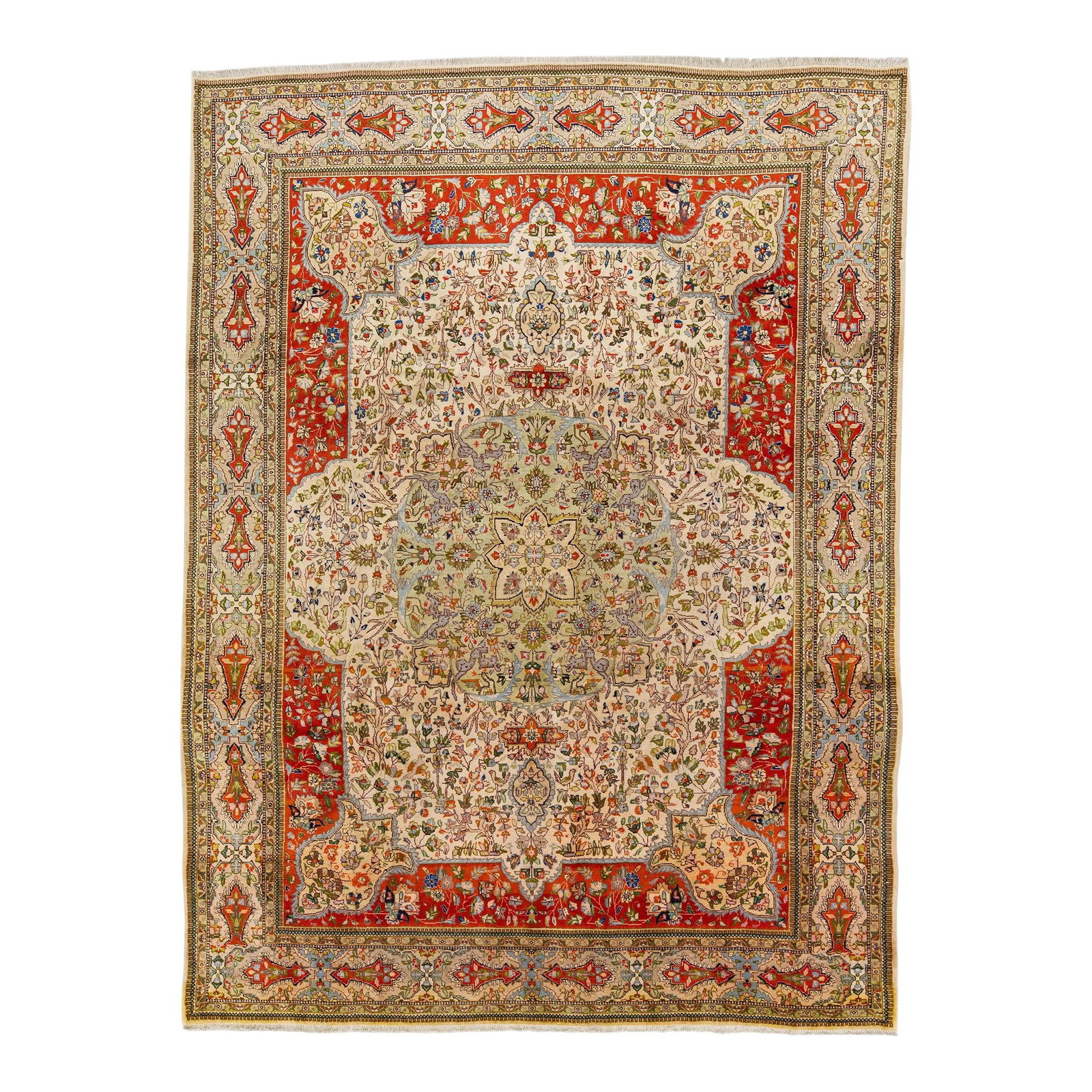 1960s Handmade Persian Tabriz Beige Wool Rug 8'11 x 12'1 Medallion Design: 1960s Handmade Persian Tabriz Beige Wool Rug 8'11 x 12'1 Medallion Design Enhance your space with this exquisite vintage Persian Tabriz hand-knotted wool rug, showcasing a sophisticated beige color fi