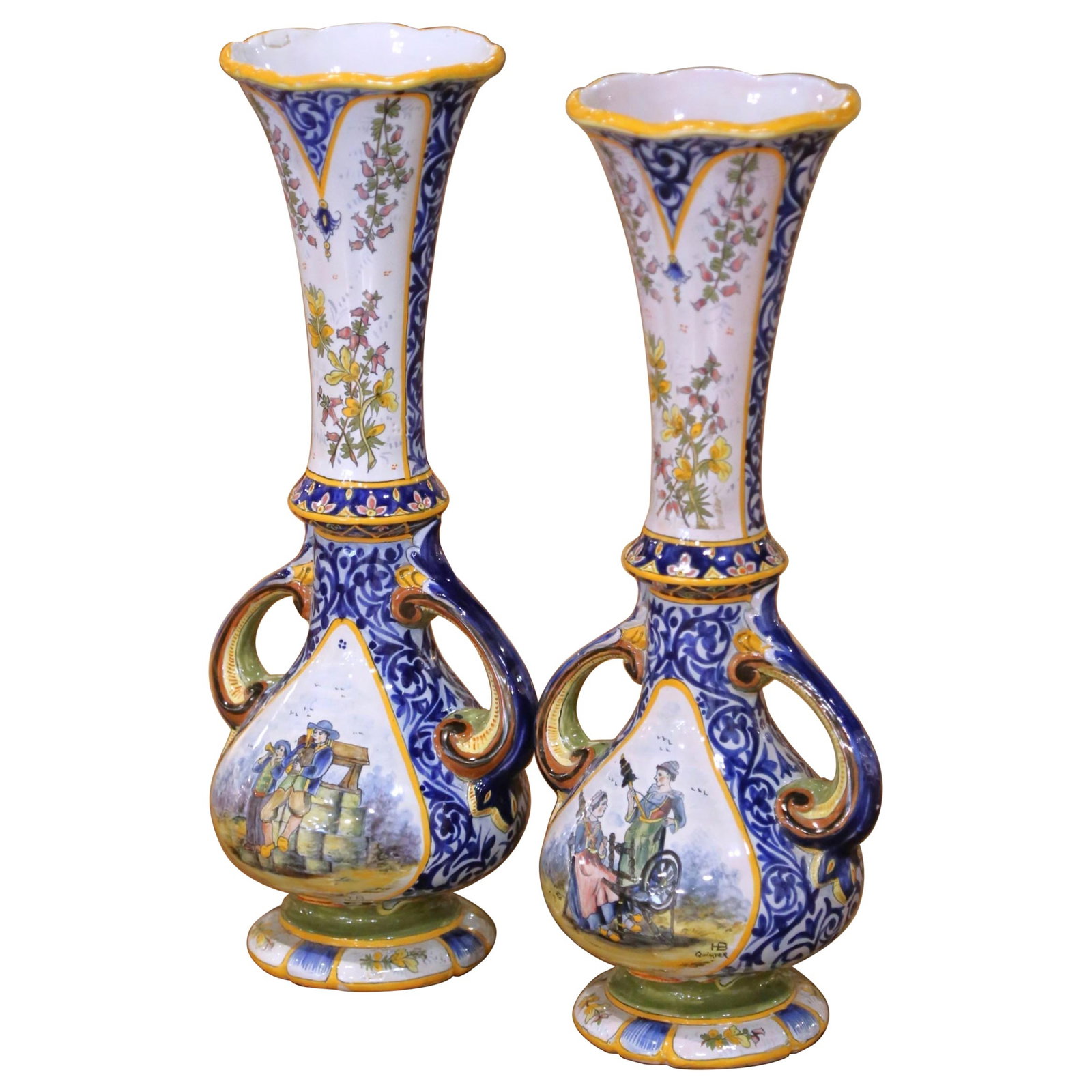 Set of Two French Quimper Faience Hand Painted Tall Vases Circa 1880: Set of Two French Quimper Faience Hand Painted Tall Vases Circa 1880 This pair of late 19th century HB Quimper vases from France exemplifies fine hand-painted faience craftsmanship. Each tall-necked v