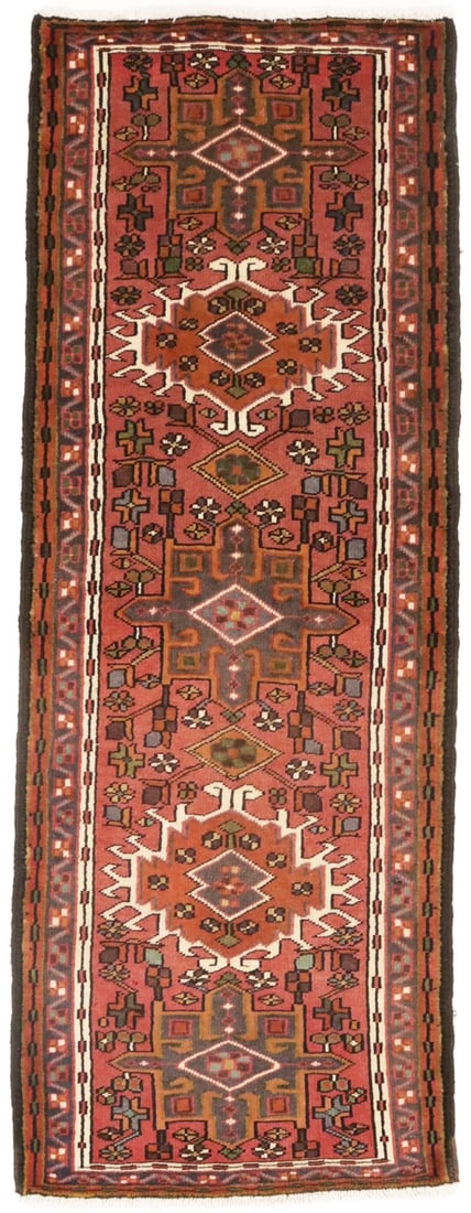 Hand Knotted Wool Geometric Vintage Runner Rug 6'2 x 2'3: Hand Knotted Wool Geometric Vintage Runner Rug 6'2 x 2'3 This vintage geometric runner rug features a vibrant color palette of rusty red, cream, plum, olive, caramel brown, and gray. Measuring 6'2" in