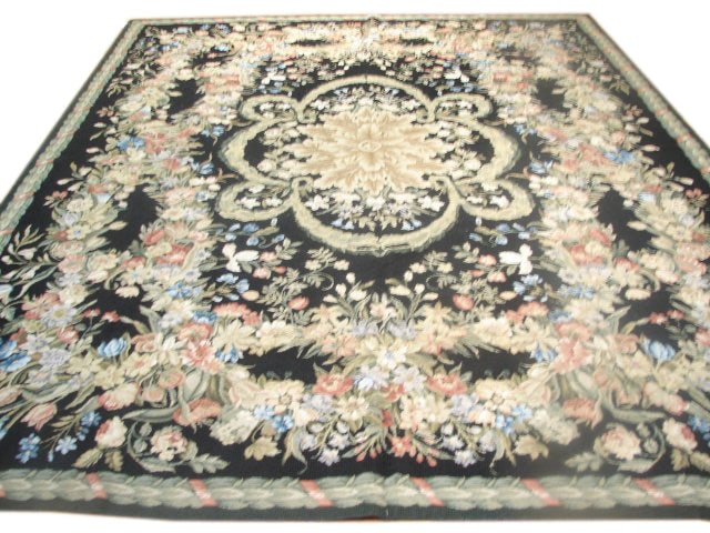 8 x 10 Handmade Black Double Knot Needlepoint Abusson Rug: 8 x 10 Handmade Black Double Knot Needlepoint Abusson Rug Free continental US Shipping Enhance your home with this exquisite 8 x 10 Black Double Knot Needlepoint Abusson Rug. Skillfully handmade in Ch