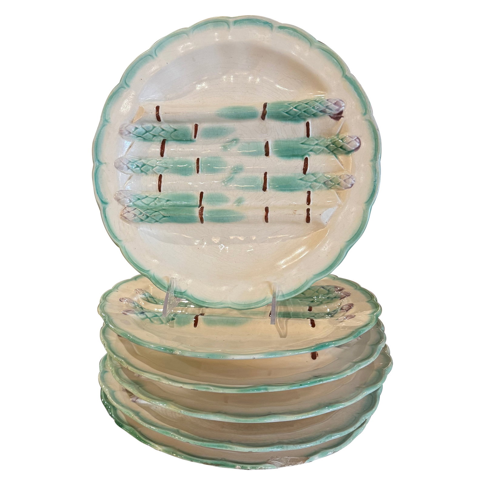 Set of 6 French Barbotine Asparagus Plates Circa 1920: Set of 6 French Barbotine Asparagus Plates Circa 1920 Enhance your dining experience with this exquisite set of 6 Early 20th Century French Painted Ceramic Barbotine Asparagus Plates. Each hand-crafte
