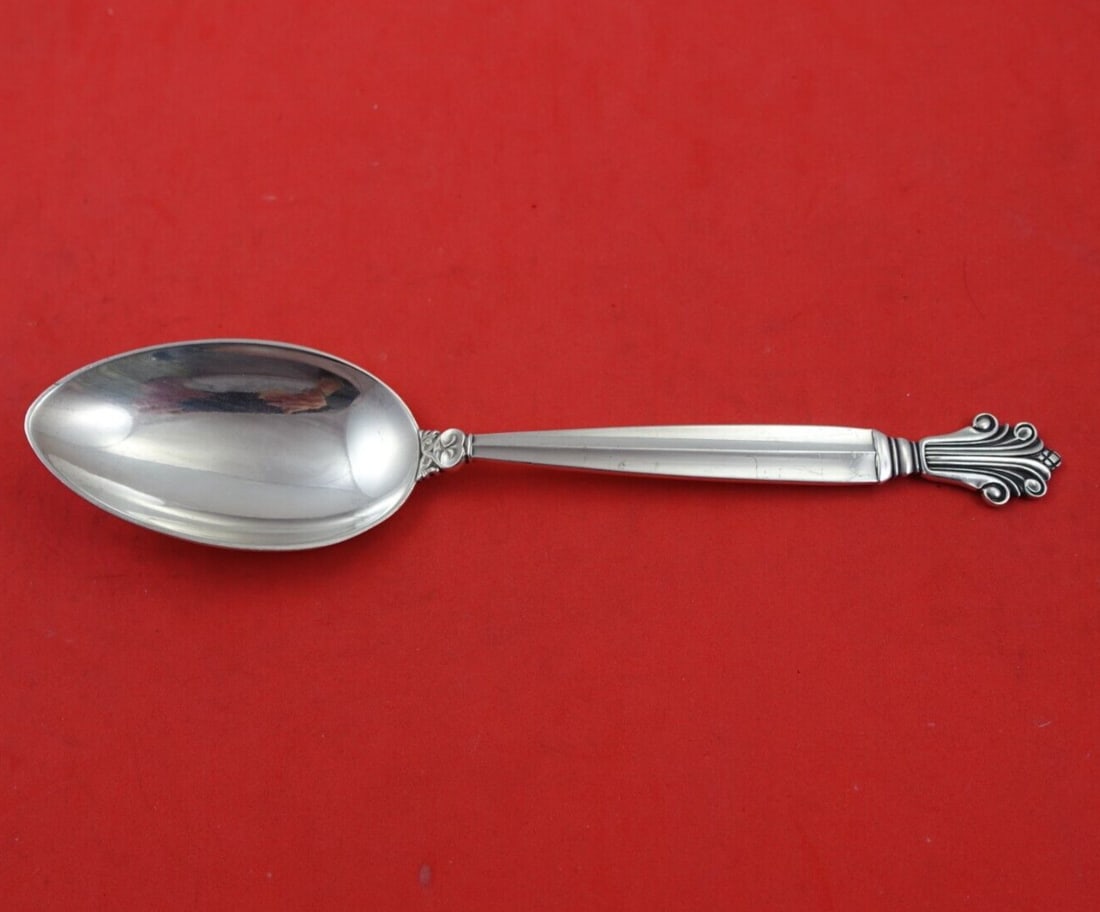 Georg Jensen Acanthus Sterling Silver Dessert Spoon 7 1/4": Georg Jensen Acanthus Sterling Silver Dessert Spoon 7 1/4" This exquisite dessert spoon features the Acanthus pattern by Georg Jensen, crafted from high-quality sterling silver. Measuring 7 1/4 inches