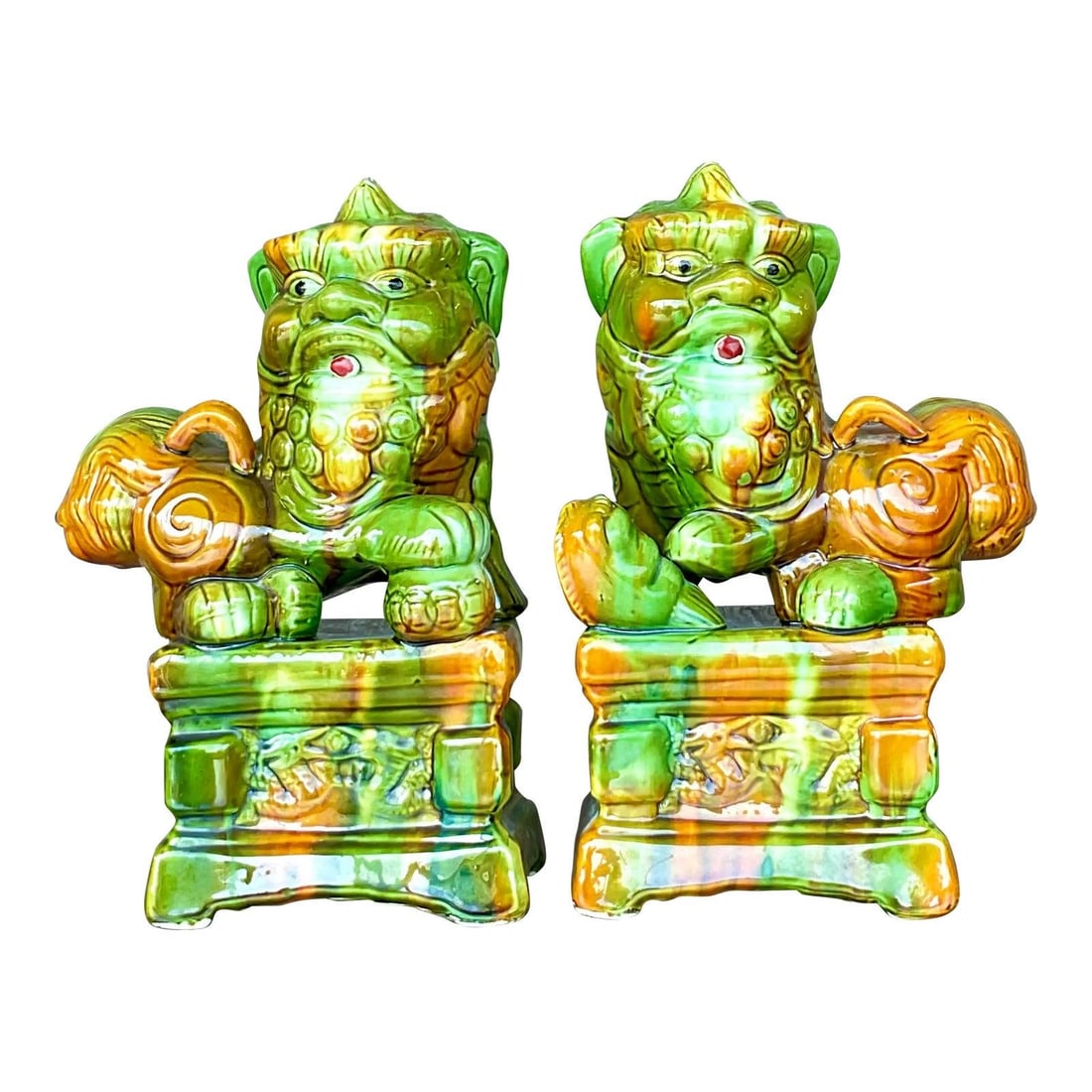Pair of Vintage Glazed Ceramic Chinese Guardian Foo Dog Sculptures (1 of 8)