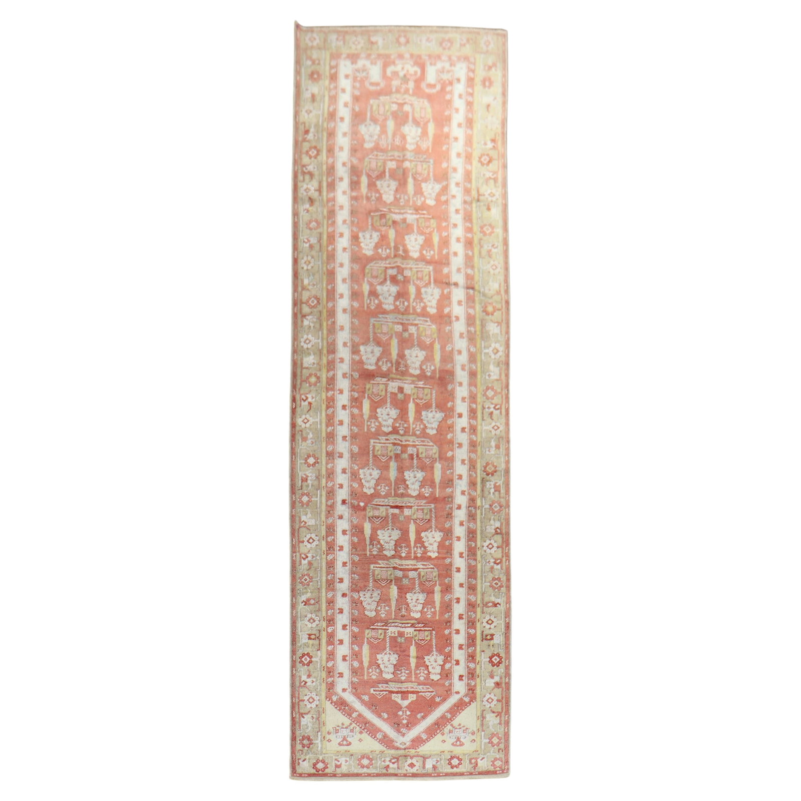Antique Turkish Melas Oushak Runner Hand-Woven Wool Soft Red 41 x 156: Antique Turkish Melas Oushak Runner Hand-Woven Wool Soft Red 41 x 156 Presenting a stunning antique Turkish Melas runner, showcasing a captivating prayer design in a predominant soft red hue. This han