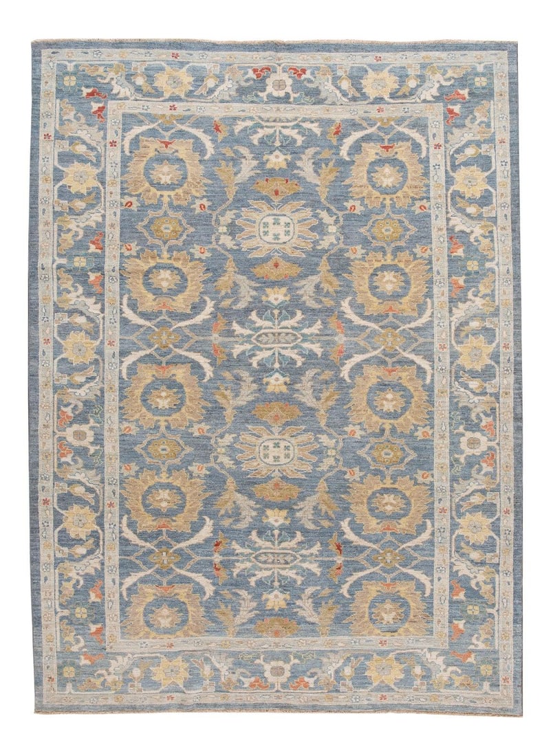 Blue Sultanabad Wool Rug Hand Knotted Classic Design 8'7 x 11'10: Blue Sultanabad Wool Rug Hand Knotted Classic Design 8'7 x 11'10 Add a touch of elegance to your space with this stunning contemporary Sultanabad rug. Hand knotted from high-quality wool, it features 
