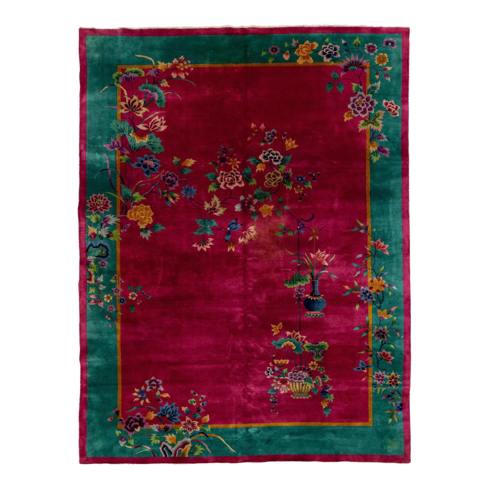 Antique Chinese Art Deco Wool Rug 8'8 x 11'4 Floral Design: Antique Chinese Art Deco Wool Rug 8'8 x 11'4 Floral Design Enhance your space with this exquisite hand-knotted wool Antique Chinese Art Deco rug, featuring a striking raspberry-red background. The rug