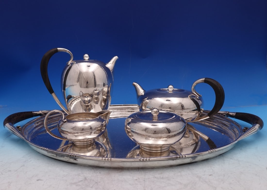 Five Piece Cosmos Sterling Silver Tea Service with Wood Handles Denmark (1 of 18)