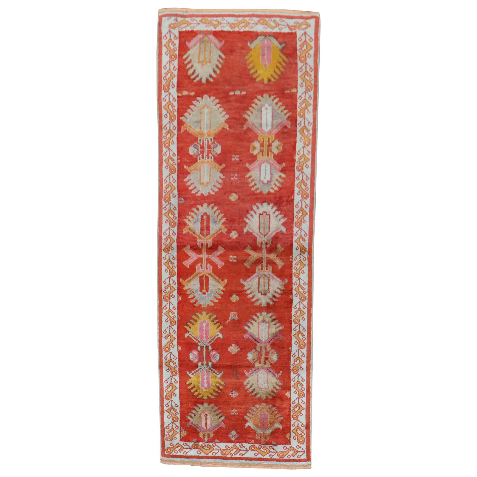 Vibrant Red Antique Oushak Runner 29in x 78in Hand-Knotted Wool Turkey: Vibrant Red Antique Oushak Runner 29in x 78in Hand-Knotted Wool Turkey This beautiful antique Oushak runner features a vibrant bright red color, showcasing a classic Bohemian style. Hand-knotted from 