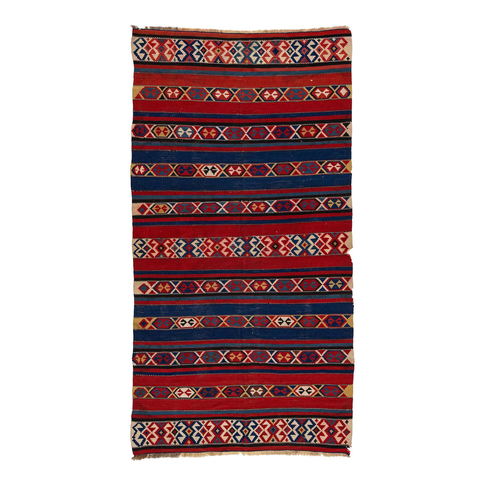 Vintage 5'9 Handmade Kilim Wool Rug Multicolor Design: Vintage 5'9 Handmade Kilim Wool Rug Multicolor Design Enhance your space with this exquisite handmade vintage kilim wool rug, featuring a vibrant field in blue and red complemented by multicolor accen