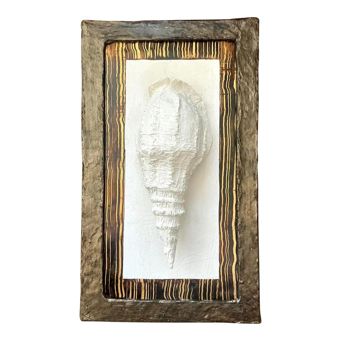 Pair of Handcrafted Paper Mache Conch Shell Wall Art Sculptures Framed: Pair of Handcrafted Paper Mache Conch Shell Wall Art Sculptures Framed This dramatic pair of vintage artisan wall sculptures features large-scale, high-relief conch shells, expertly hand-crafted from 