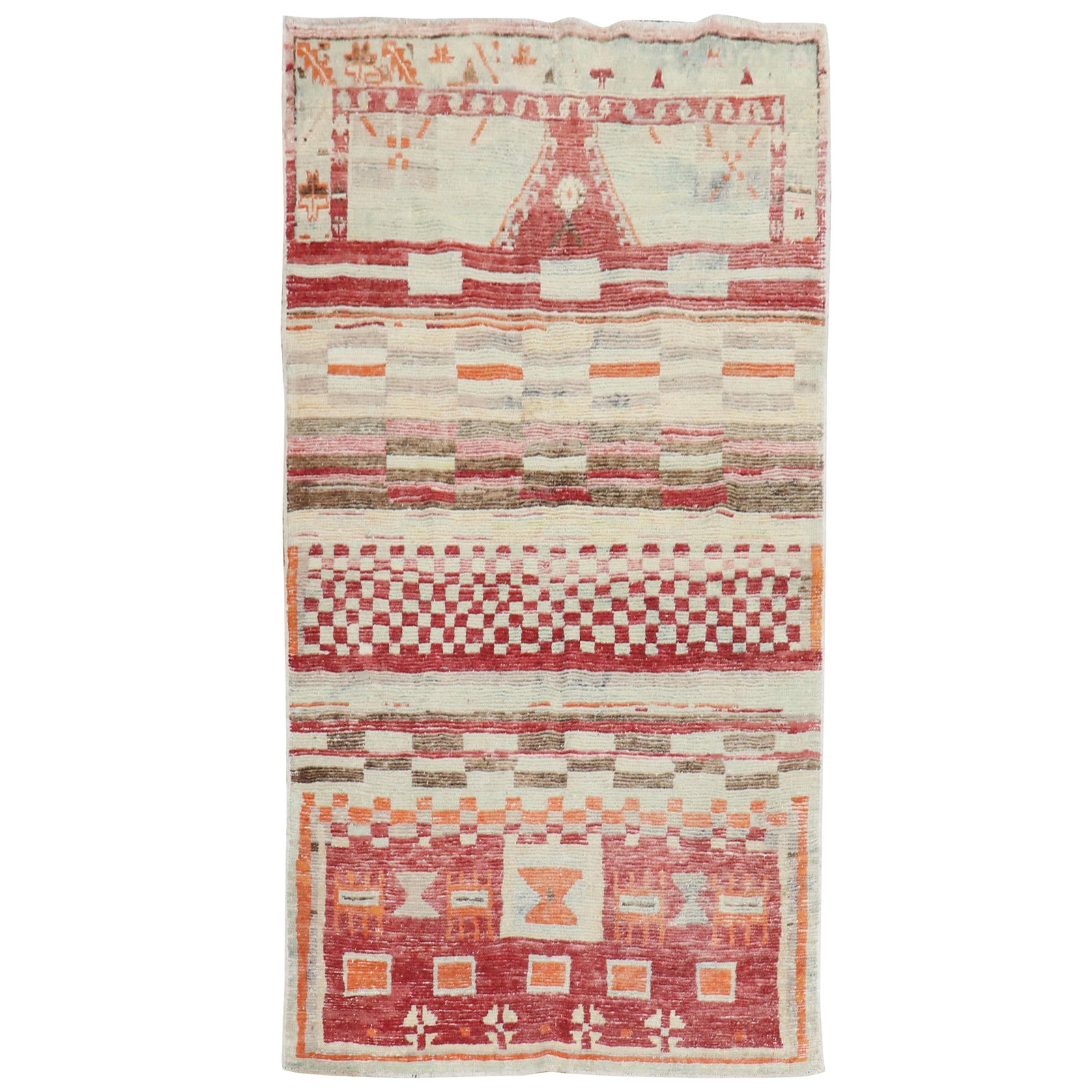 Mid-Century Modern Abstract Turkish Anatolian Wool Rug 44 x 78: Mid-Century Modern Abstract Turkish Anatolian Wool Rug 44 x 78 This stunning Abstract Turkish Anatolian rug from the 1940s showcases a rich brick red field complemented by accents in orange and brown,
