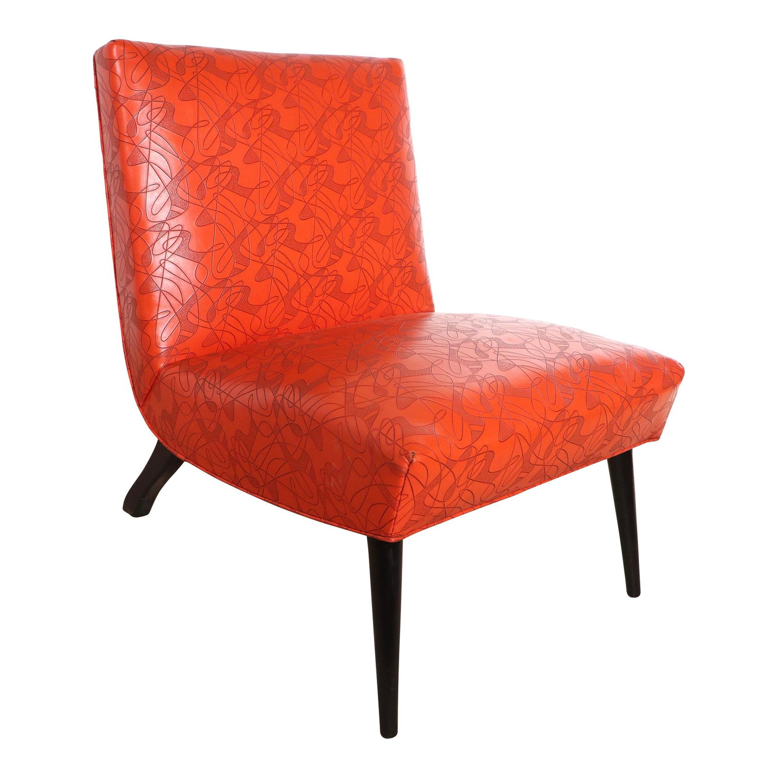 Mid Century Lounge Chair with Orange Boomerang Upholstery 1950s: Mid Century Lounge Chair with Orange Boomerang Upholstery 1950s Introducing a stylish mid-century scoop style lounge chair, elegantly designed with a vibrant orange boomerang pattern upholstery. This 