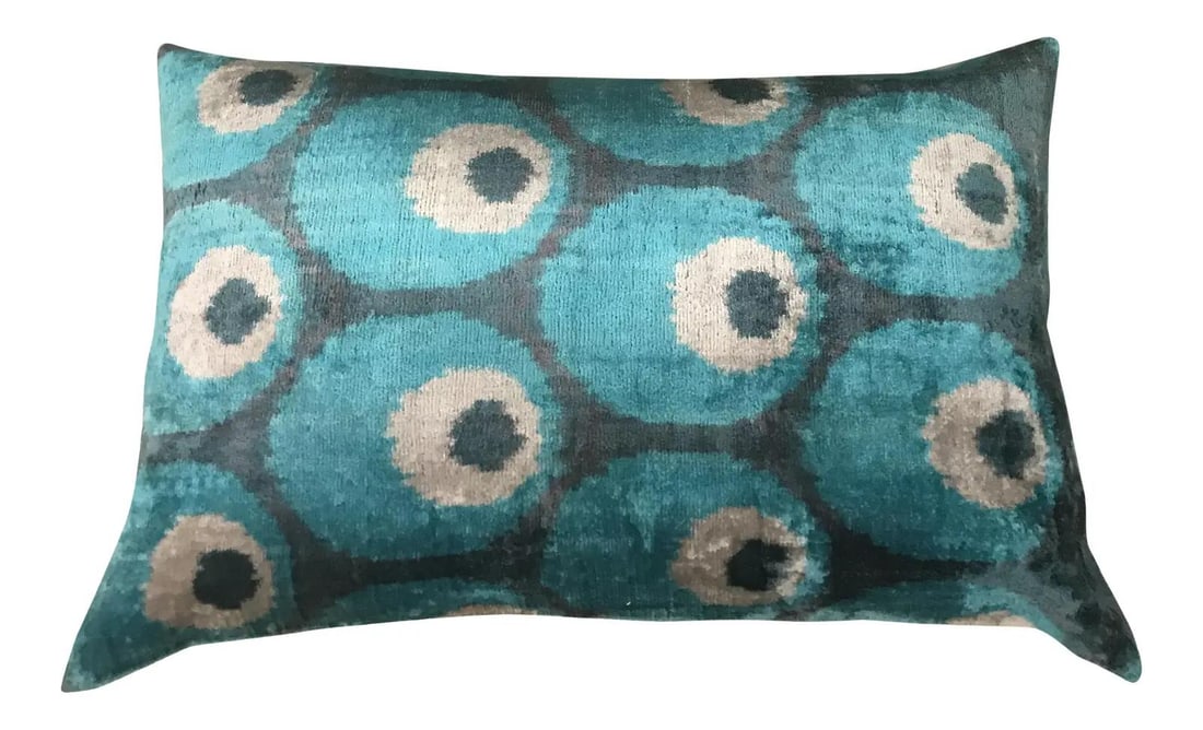 Turquoise Uzbek Ikat Velvet Pillow 16x24 Linen Backing: Turquoise Uzbek Ikat Velvet Pillow 16x24 Linen Backing This hand-made pillow cushion features a luxurious silk Uzbek Ikat velvet front, complemented by a natural linen backing and a hidden zipper for 