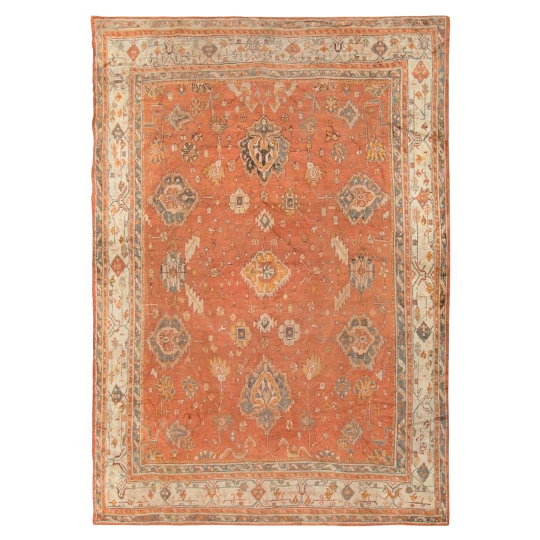 Large Antique Turkish Oushak Rug Pumpkin Orange 12'5 x 14' 19th Century: Large Antique Turkish Oushak Rug Pumpkin Orange 12'5 x 14' 19th Century This exquisite antique Turkish Oushak rug, crafted in the late 19th century, features a stunning pumpkin orange field adorned wi