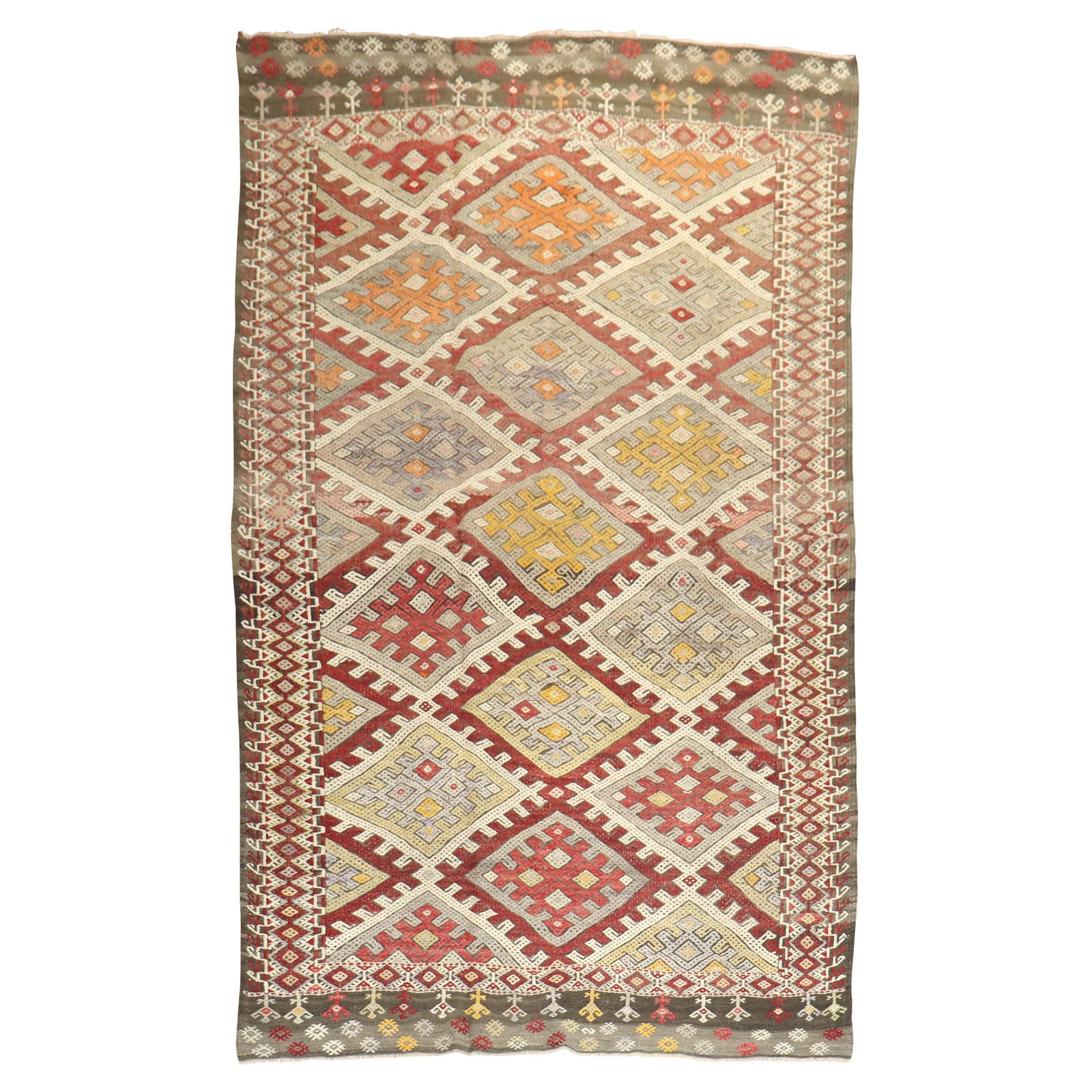 Mid 20th Century Tribal Jajim Kilim Turkish Rug Wool Hand-Woven 73 x 125: Mid 20th Century Tribal Jajim Kilim Turkish Rug Wool Hand-Woven 73 x 125 This stunning Tribal Jajim Kilim Turkish Rug features a unique geometric design in rustic colors, showcasing the artistry of mi