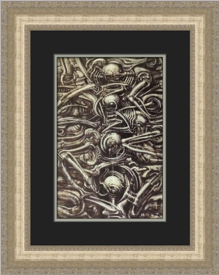 H.R. Giger Biomechanoid Landscape Custom Framed Art Print: H.R. Giger Biomechanoid Landscape Custom Framed Art Print This stunning custom framed print features H.R. Giger's iconic artwork titled "Biomechanoid Landscape." Created in 1992, this medium-sized pie