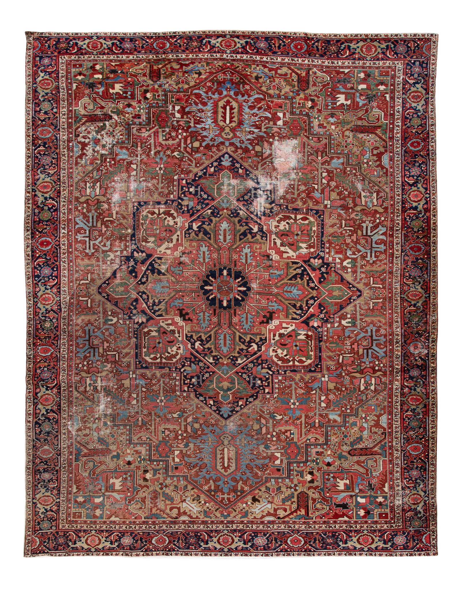 Antique Heriz Red Handmade Wool Rug 11'5 x 14'7 Shabby Chic: Antique Heriz Red Handmade Wool Rug 11'5 x 14'7 Shabby Chic Enhance your space with this stunning Antique Heriz wool rug, featuring a rich rust field complemented by a navy-blue frame. The rug showcas