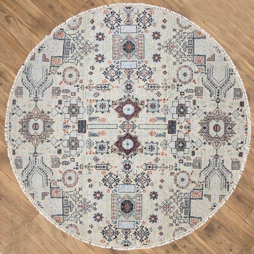 Vintage Round Wool Oushak Rug 6 Foot Hand-Knotted Cream Floral Carpet (1 of 10)