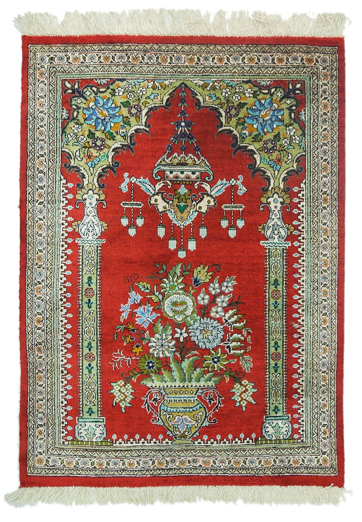 2' x 3' Handcrafted Persian Qum Silk Rug Red Ivory Green Blue: 2' x 3' Handcrafted Persian Qum Silk Rug Red Ivory Green Blue Free continental US Shipping Elevate your decor with this exquisite 2' x 3' High-End Persian Qum Silk Rug. Handcrafted in Qum, Iran, this 