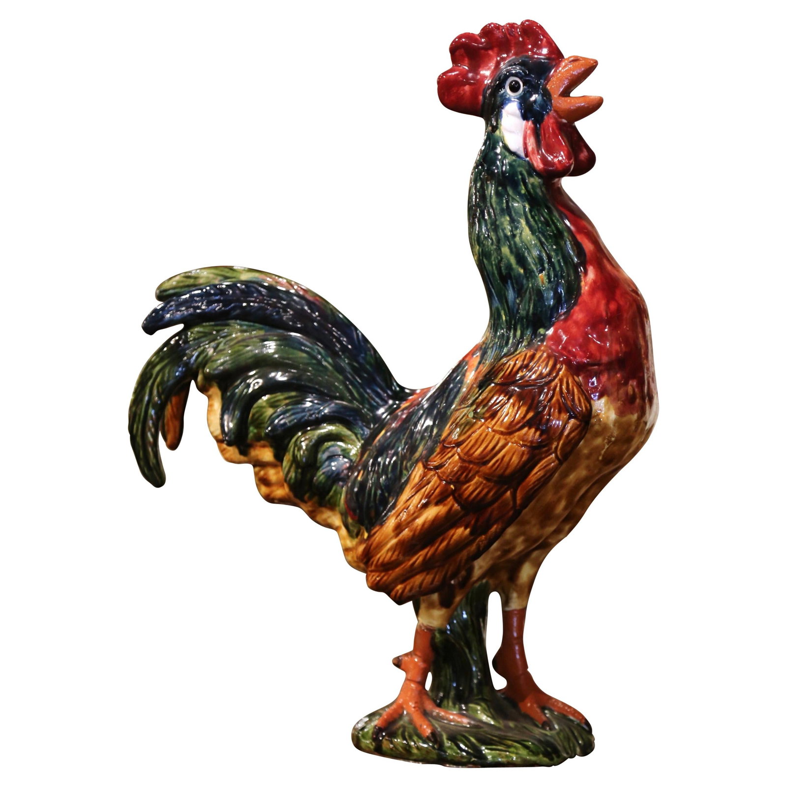 French Majolica Rooster Sculpture Barbotine 23.5 in Tall (1 of 11)