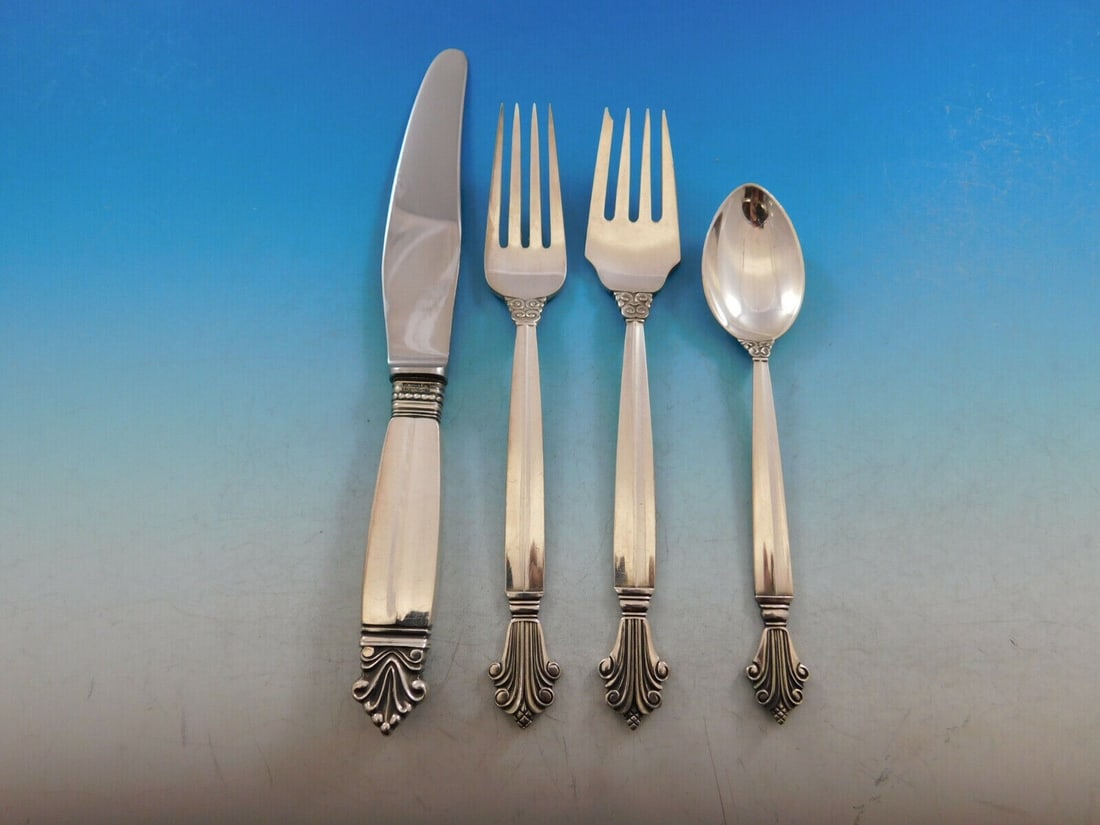 4pc Georg Jensen Acanthus Sterling Silver Place Setting Regular Size: 4pc Georg Jensen Acanthus Sterling Silver Place Setting Regular Size Sterling silver regular size 4-piece place setting in the Acanthus pattern by Georg Jensen. The set is post-1940 and made in Denmar