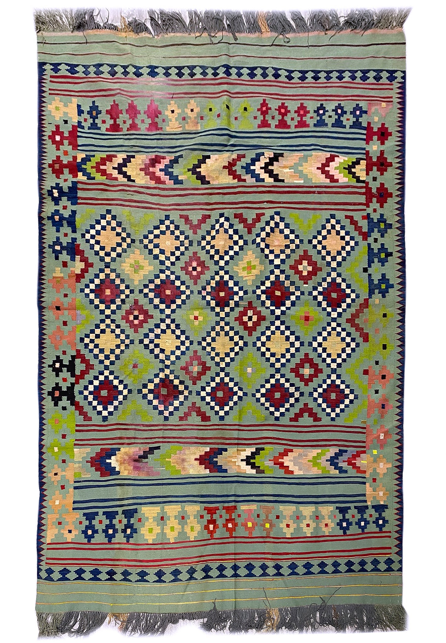 6.4 x 9.9 Green Persian Tribal Flat Weave Wool Kilim Rug: 6.4 x 9.9 Green Persian Tribal Flat Weave Wool Kilim Rug Free continental US Shipping This 6.4 x 9.9 Persian flat weave kilim rug showcases traditional tribal geometric motifs in a rich green field wi