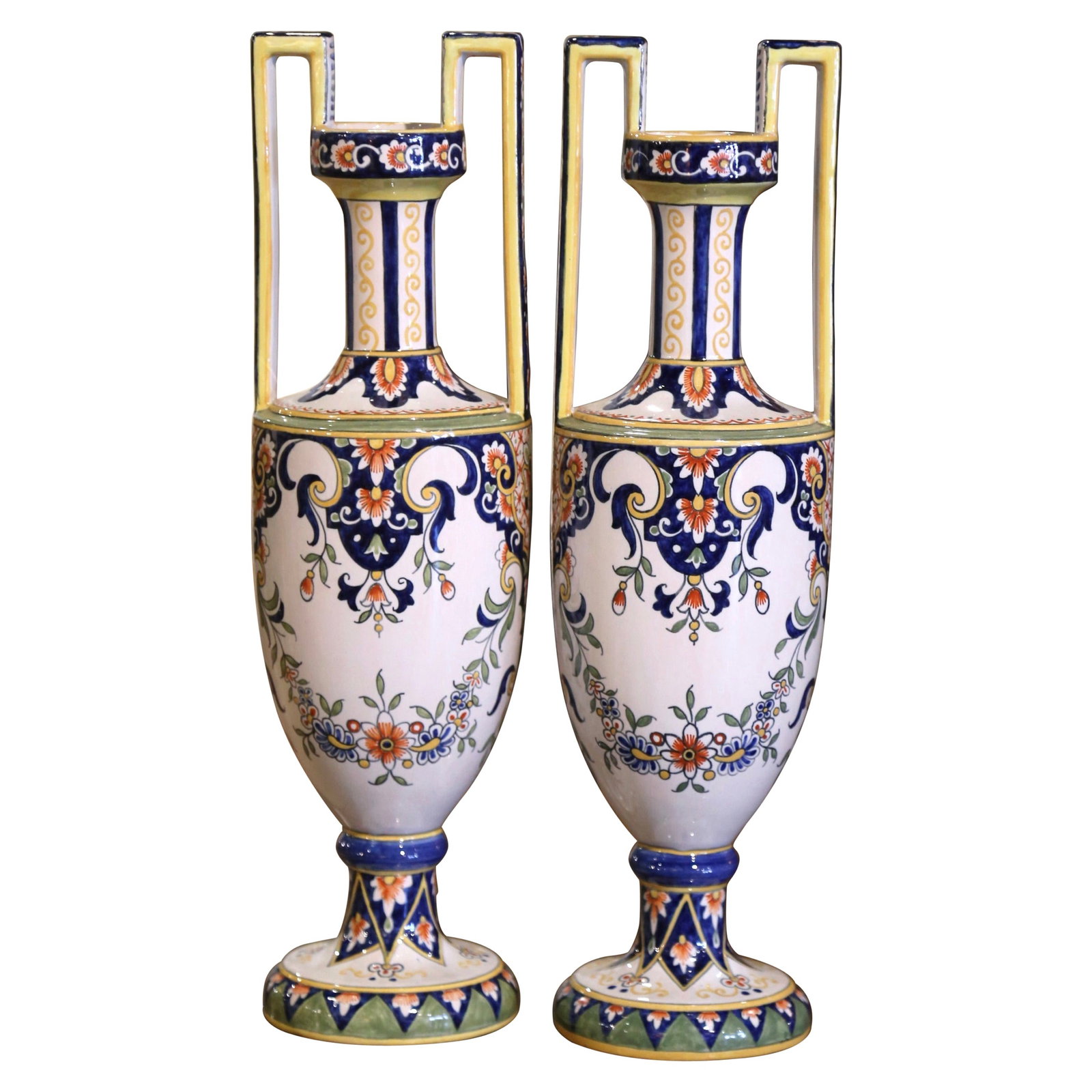 Set of 2 French Faience Vases Signed HB Quimper Hand Painted Mid-Century: Set of 2 French Faience Vases Signed HB Quimper Hand Painted Mid-Century This pair of mid-century French faience vases, signed HB Quimper, showcases exquisite hand-painted craftsmanship from Brittany,