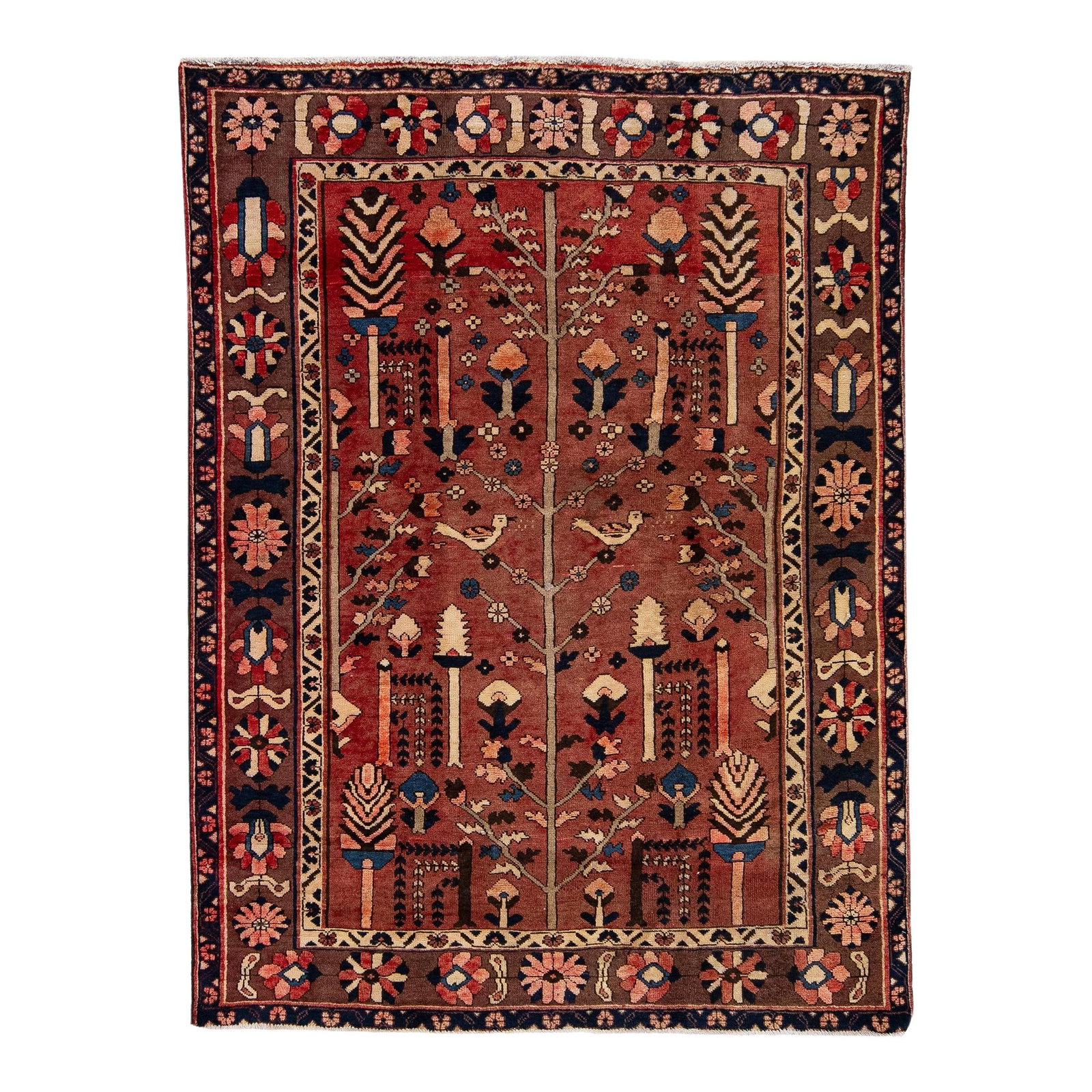 Vintage Persian Bakhtiari Red Floral Wool Rug 3' x 6'9: Vintage Persian Bakhtiari Red Floral Wool Rug 3' x 6'9 This exquisite vintage Persian Bakhtiari rug showcases a stunning hand-knotted design in vibrant red, framed with a rich brown border. The all-ov