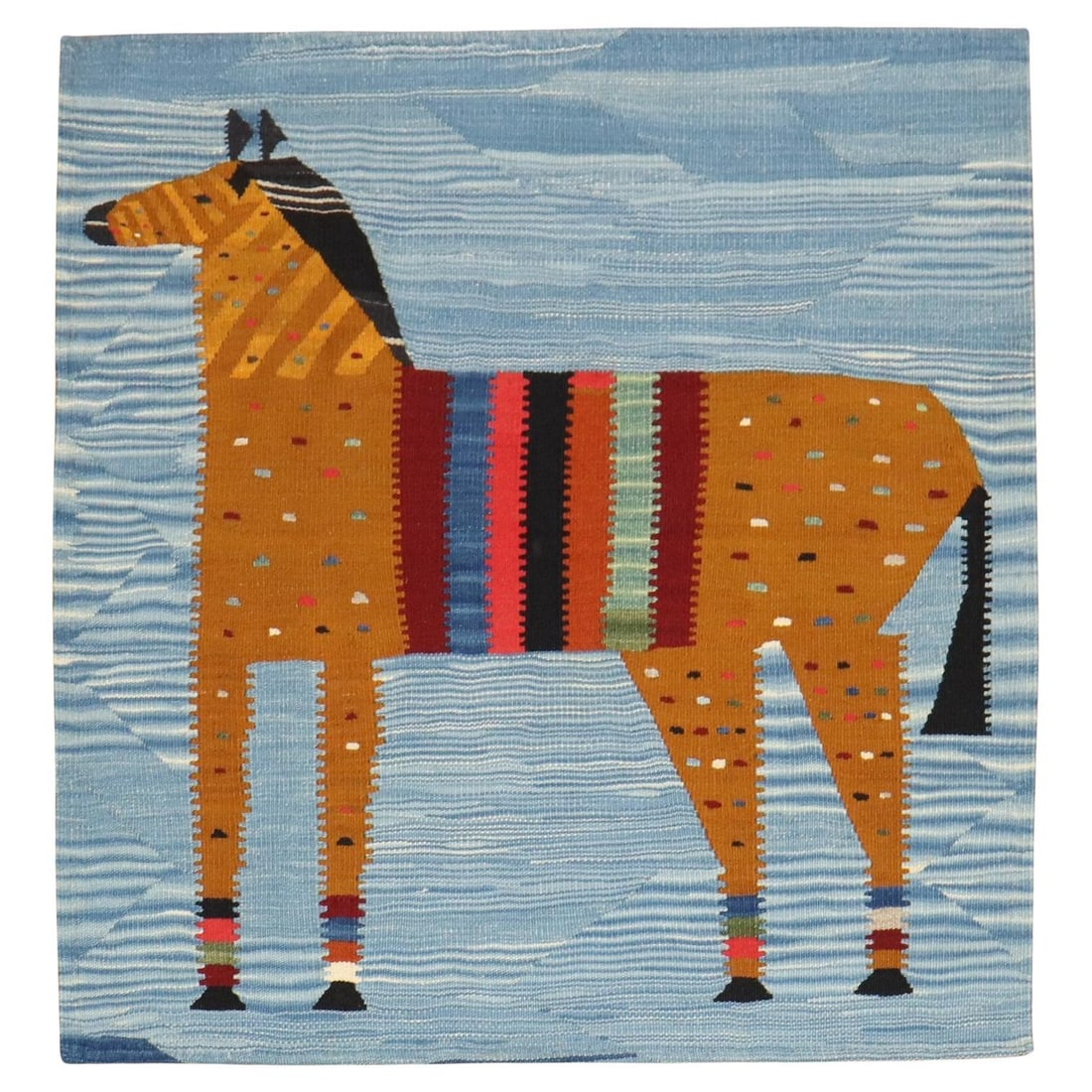Zabihi Collection Persian Wool Kilim Horse Design 44 x 45 in: Zabihi Collection Persian Wool Kilim Horse Design 44 x 45 in This exquisite small square Persian Kilim, part of the Zabihi Collection, features a charming depiction of a horse set against a serene sky