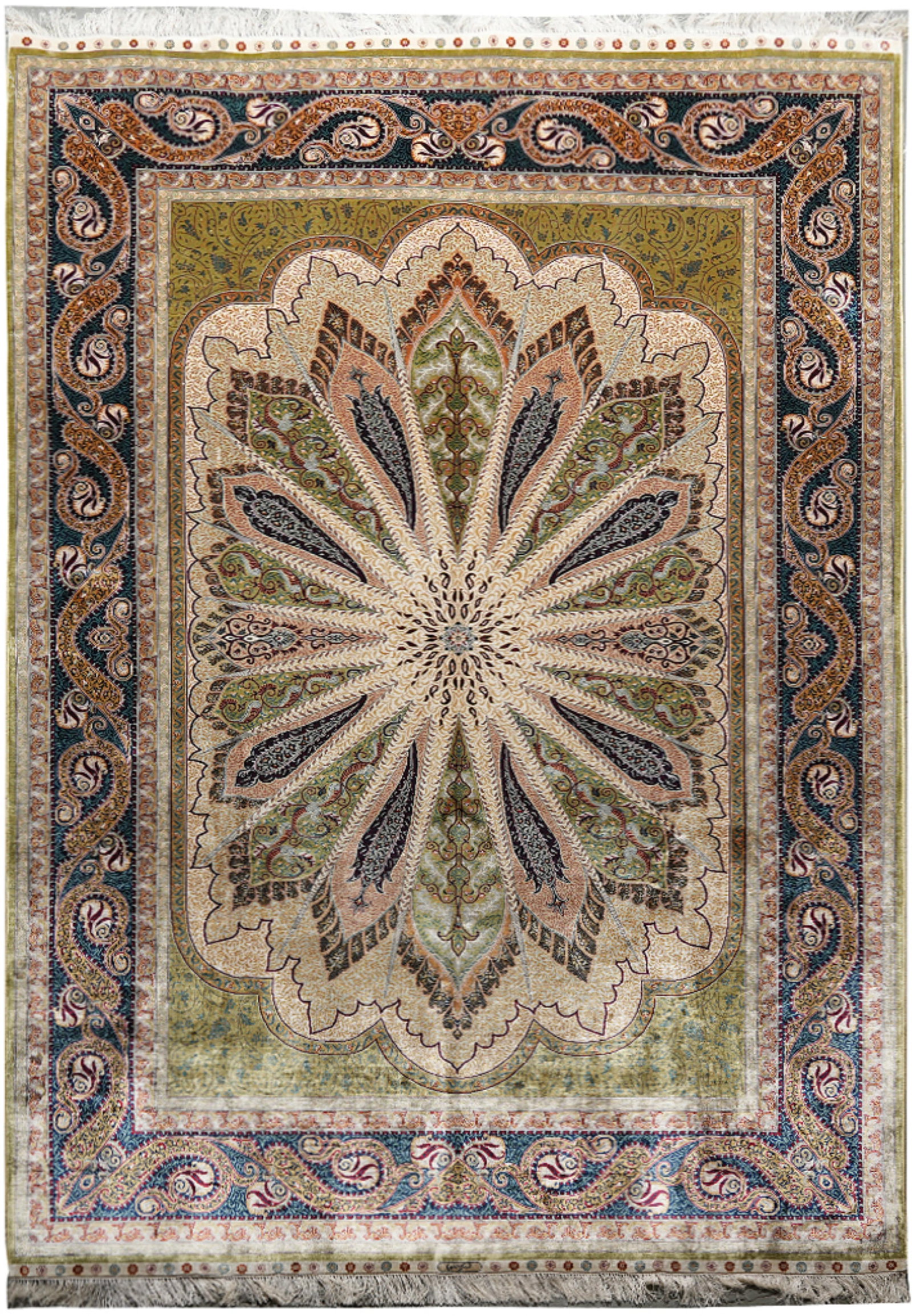 Hereke Hand-Knotted Silk Rug 6 x 9.5 Fancy Detailed Design: Hereke Hand-Knotted Silk Rug 6 x 9.5 Fancy Detailed Design Free continental US Shipping This 6 x 9.5 hand-knotted Hereke rug is crafted from fine silk, showcasing intricate floral and ornamental motif