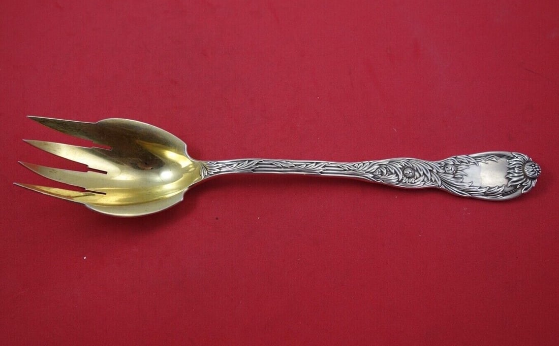 Sterling Silver Salad Fork Gold Wash Chrysanthemum Pattern Tiffany 10 1/4 Inch: Sterling Silver Salad Fork Gold Wash Chrysanthemum Pattern Tiffany 10 1/4 Inch This is a sterling silver salad serving fork in the Chrysanthemum pattern by Tiffany & Co., designed by Charles Grosjean 