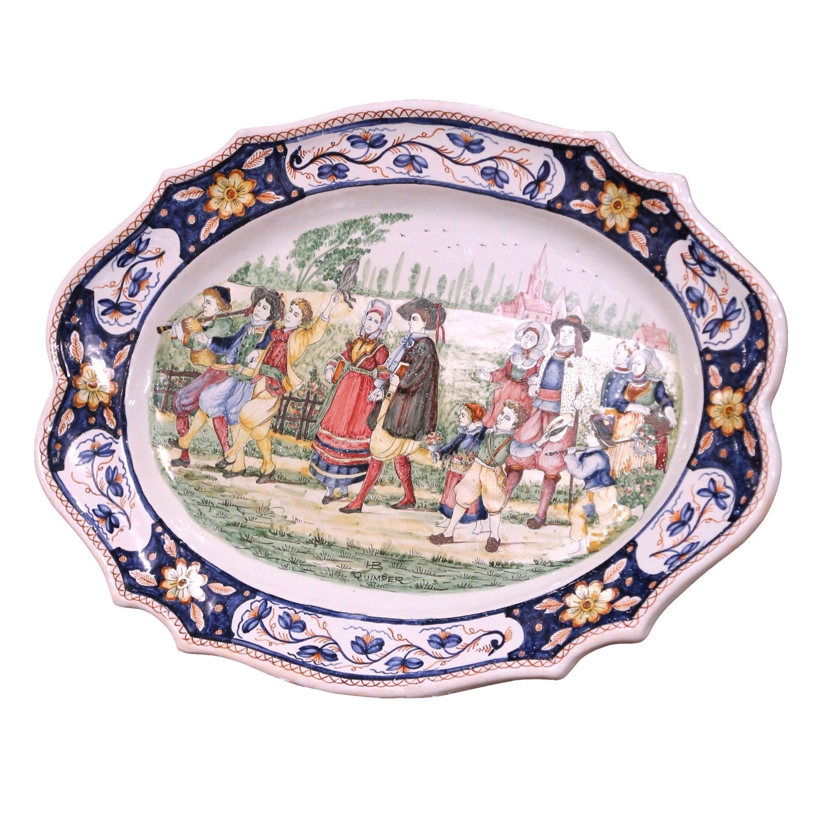 Antique Quimper Faience Hand-Painted Wall Platter 19 x 14.5 in France: Antique Quimper Faience Hand-Painted Wall Platter 19 x 14.5 in France This exquisite early 20th century French wall platter showcases the vibrant artistry of Quimper faience, crafted in Brittany, Fran