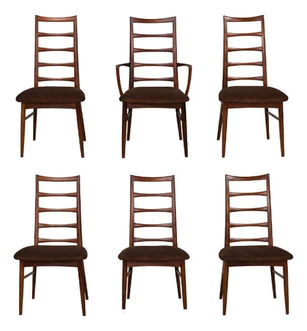 Set of 6 Teak Lis Ladder Back Dining Chairs Danish 1960s Koefoeds Hornslet: Set of 6 Teak Lis Ladder Back Dining Chairs Danish 1960s Koefoeds Hornslet This set of six Danish Modern Lis dining chairs from the 1960s features high back ladder-style frames crafted from teak and d